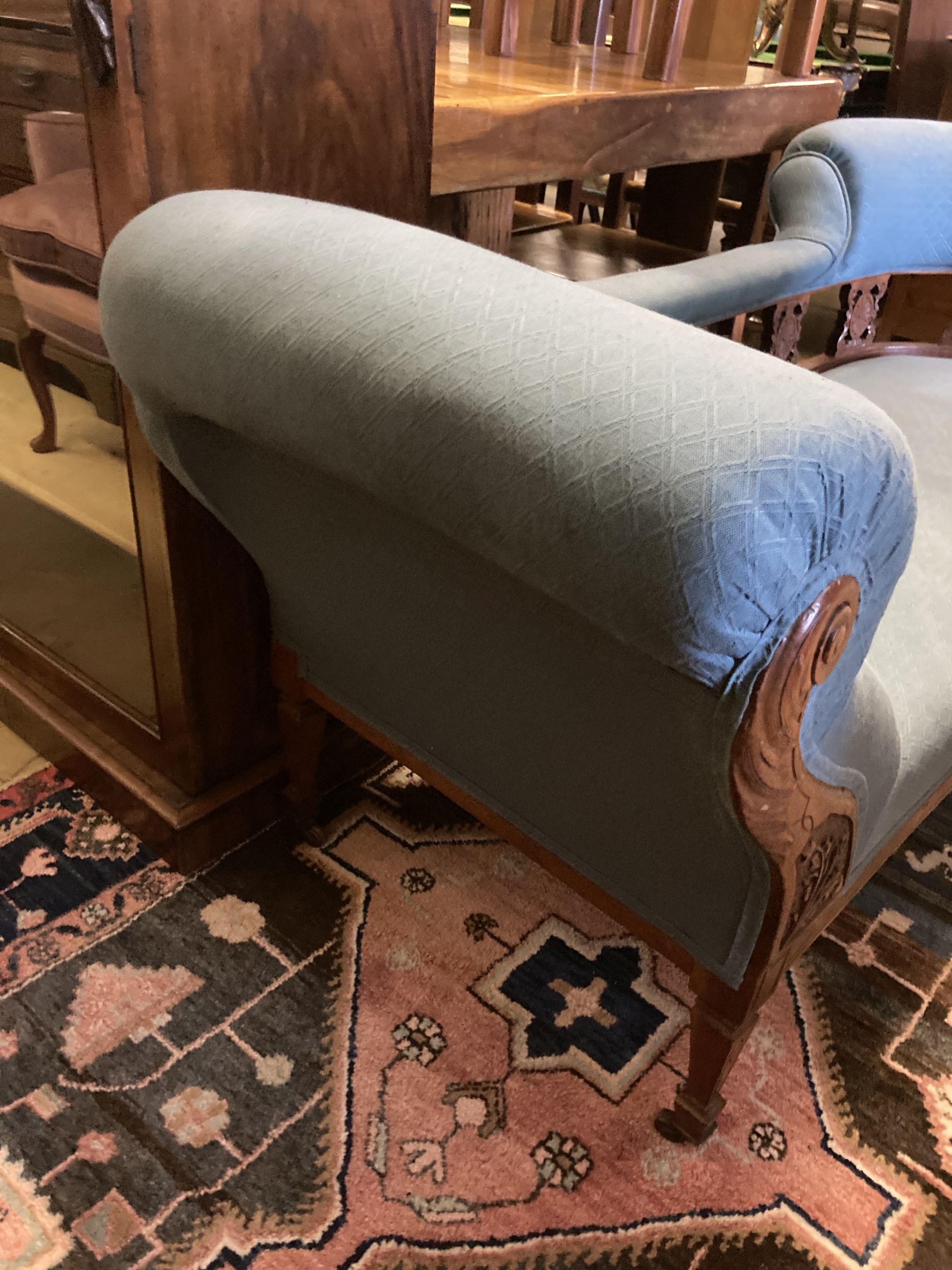A late Victorian upholstered chaise longue, length 170cm, depth 66cm, height 73cm
